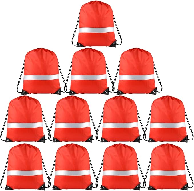 KUUQA 12 Pcs Red Drawstring Backpacks with Reflective Strips - Polyester, 15.7" x 13.4", Ideal for Yoga, Sport, Travel
