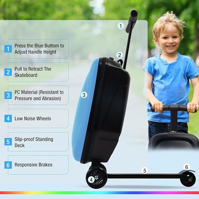 2-in-1 Ride-On Scooter Suitcase for Kids & Adults, 20” Foldable Hardshell Carry-On Luggage for Travel, Lightweight Kids Scooter Bag with Wheels