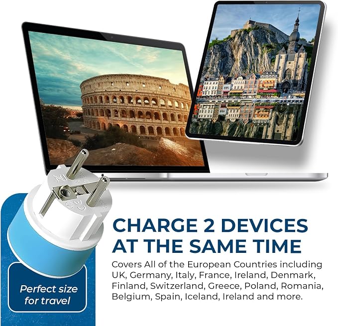 OREI Full European Travel Adapter Set - Dual Input American to Europe, Germany, England, Spain, Italy, Iceland, France, (Type G, E/F, Type C) - 3 Pack, Safe Grounded Use for Cell Phones, Laptops
