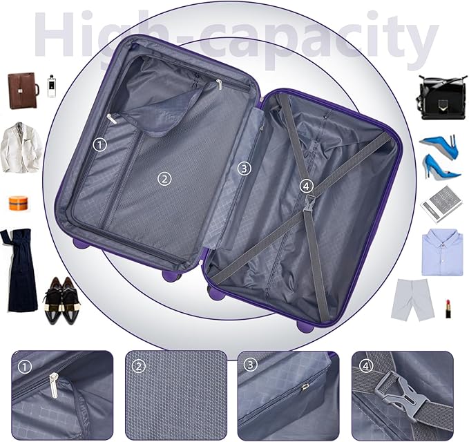 6 Piece Luggage Sets with Bags, Lightweight Expandable Checked Luggage Sets, Hardshell ABS Spinner Wheels Carry on Suitcase with TSA Lock, for Travel, Women Men (Purple, 18/20/24/28inch+2bags)