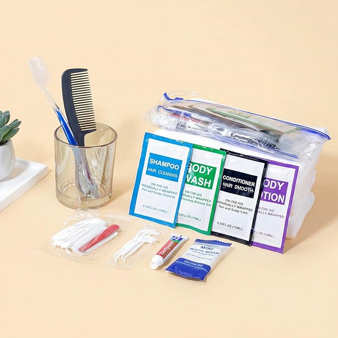 5 Set Personal Hygiene Kit Bulk,12-IN-1 Individually Wrapped Blue Basic Toiletry Supplies Disposable Travel Toothbrushes and Hotel Vanity Set for Homeless,Guests,Charity