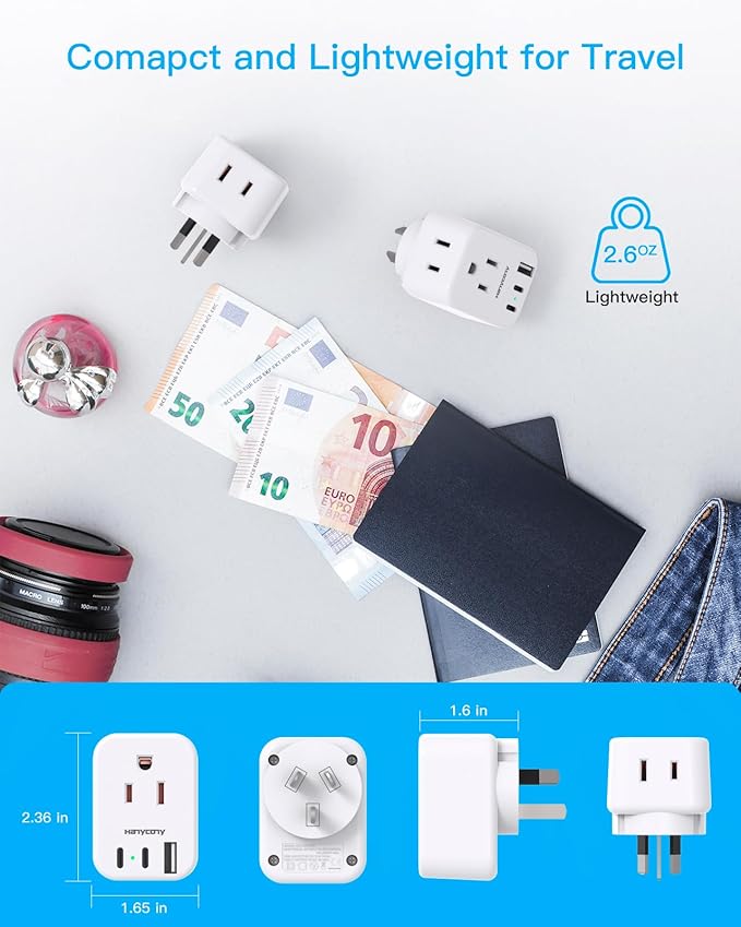 HANYCONY US to Australia New Zealand Power Plug Adapter, Type I Adapter Plug 2 Outlets 3 USB Ports(2 USB C), Australia Travel Plug Adapter for USA to Australian AU China Argentina Fiji Essentials