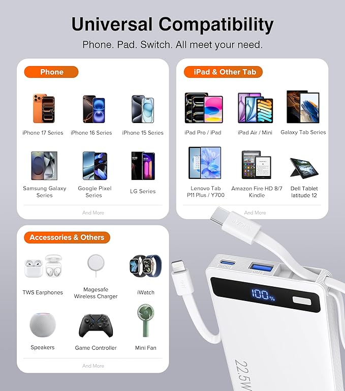 Power Bank with 2 Built-in Cables 10000mAh, 22.5W PD Slim Portable Charger USB C Battery Pack, Travel Essentials Fast Charging Powerbank Compatible with iPhone 17 16 Plus Pro Galaxy iPad White(1 Pack)