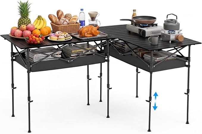 Briwooody 2 Pack Portable Folding Camping Table, Adjustable Height Aluminum Roll-Up Outdoor & Indoor Picnic Table with Large Carry Bag for Beach, BBQ, Travel & Backyard(37.4 x 21.65 Inches)
