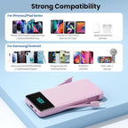 Portable Charger for iPhone,13800mAh Slim Power Bank with Built-in Cables & AC Wall Plug,All in One 4 Outputs USB C Fast Charging Battery Pack for iPhone 17/16/15/14,Android,Travel Essential (Pink)