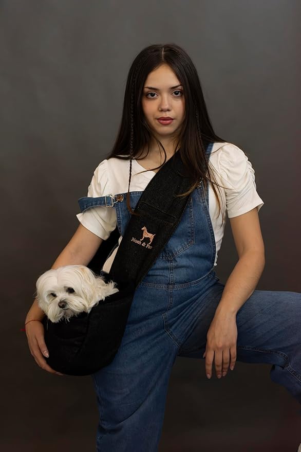 Noah & Paw Dog Sling Carrier for Small Dogs 3-10lb, Dog Sling for Small Dogs and Cats, Dog Carrier with Adjustable Padded Strap, Vegan Denim Lined with Fur, 3X Safety Features, Machine Washable