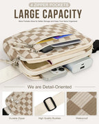 Capolo Fanny Packs for Women Fashion Waist Packs Bag with Adjustable Strap and 4 Zipper Pockets Waterproof Everywhere Crossbody Belt Bag for Workout Running Travelling(Khaki Checkered, Large)