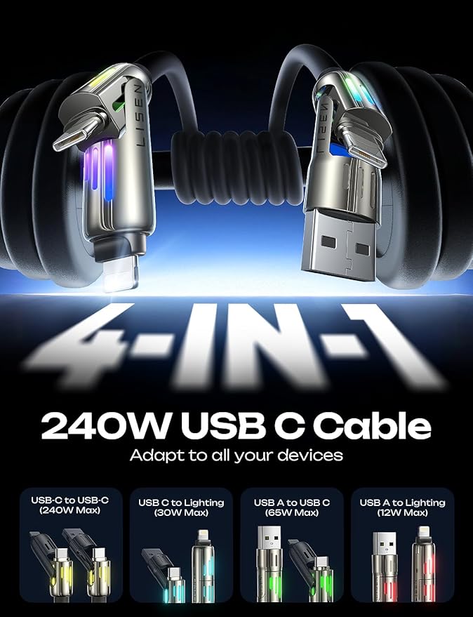LISEN USB C to Lightning Cable, 240W 4 in 1 Charging Cable 10FT, Chubby USB A/C to C/Lightning with Light for iPhone 16e 16 15 14 Pro/MacBook/iPad/Samsung S25/Switch, Multi Chargers for All Devices