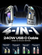 LISEN USB C Cable 3FT for Samsung Charger Type C, Chubby 4 in 1 Charging Cable with Light, Multi Charging Cable for iPhone 16 15 14 Pro Max/MacBook/iPad Pro/SamSungS25, All Devices, Black