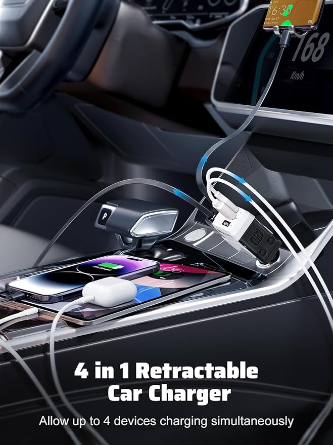 Retractable Car Charger with Retractable Cables (31.5 inch), 4 in 1 Super Fast Car Phone Charger, 2 USB Ports Car Charger Adapter, Compatible with iPhone 15 14 13 12 11 Pro Max, iPad, Pixel