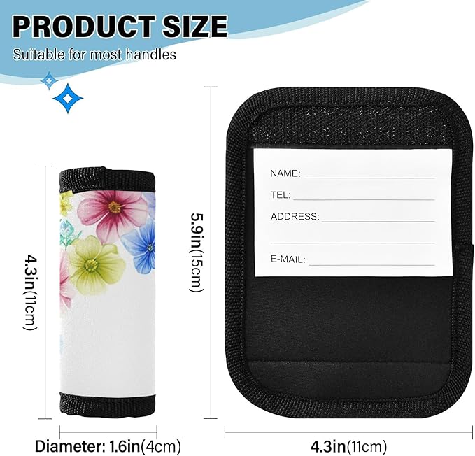 2 Pack Flowers Luggage Handle Wrap, Detachable Luggage Tag, Neoprene Suitcase Wrap with Comfort Grip & Bright Identifier for Suitcase, Travel Bag, Sports Bag