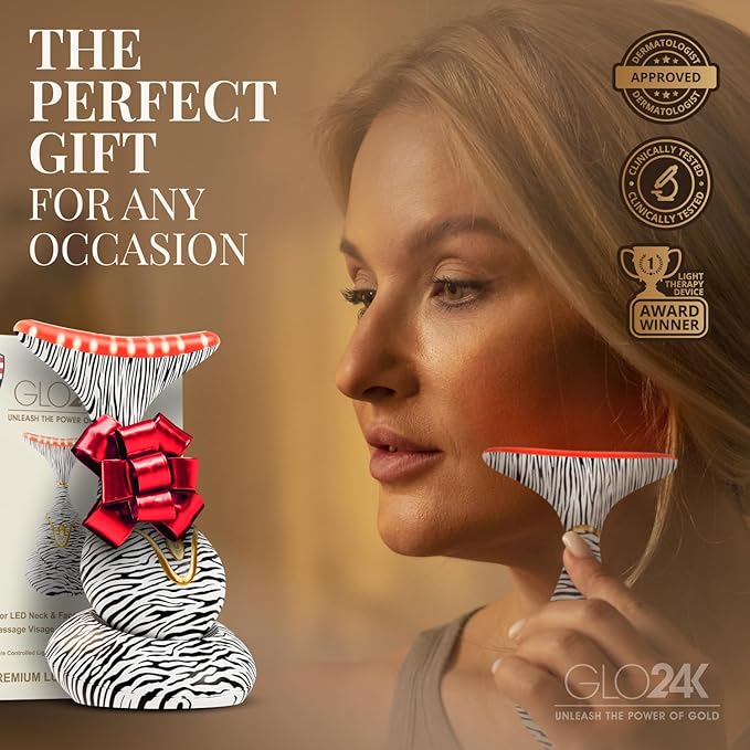 GLO24K 7 Color Beauty Device – Triple LED Action & Vibration Technology Facial and Neck Massager (Zebra, 1 Pack)
