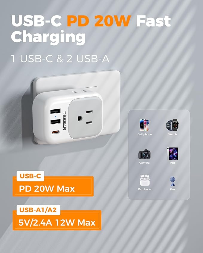 Italy Travel Plug Adapter 2 Pack, TESSAN Italy Power Adaptor with 4 Outlets 3 USB Charger(1 USB C PD 20W), Type L Adapter for US to Chile Libya Syria Tunisia Uruguay