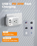 Italy Travel Plug Adapter PD 20W, TESSAN Type L Adapter for Travel with 4 Outlets 3 USB Ports (1 USB-C), Power Adaptor for US to Italy Chile Rome Uruguay Milan Libya