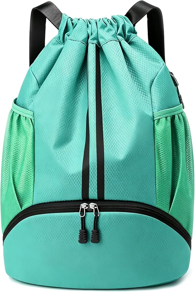 JELUTAR Drawstring Backpack Gym Bag with Shoes Compartment for Soccer, Basketball, Swim, Water-Resistant String Backpack Beach Cinch for Women Men, Mint Green