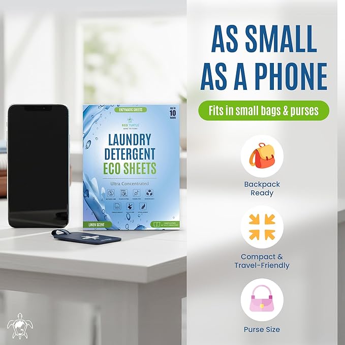 Eco-Friendly Travel Size Laundry Detergent Sheets - 10 Loads Ultra Concentrated, Stain-Fighting Enzymes & Plant Powered, Compact Washer Sheets, Pocket Friendly, Hot/Cold Cycles, Tough on Stains & Odor