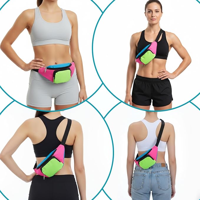 80s Neon Fanny Pack 2 Pockets 90s Belt Bags for Women Men Waist Retro Packs for Holiday Festival, 80s Theme Halloween Party, Vintage Rave Accessories Plus Size Belt Bag, Pink Bottom