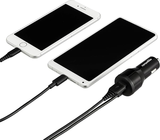 Amazon Basics 30W Fast Car Charger, 1 USB-C (18W) Cable with PD, 1 USB-A (12W) Port, Apple MFi Certified, for Phones (iPhone 16/15/14/13/12/11/X, Samsung, and More), Black (Pack of 2)