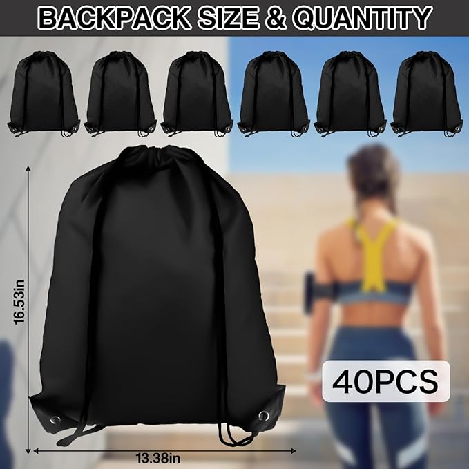 COIDEA Drawstring Backpack 40Pcs Drawstring Bags, Draw String Back Bag Drawstring Bags Bulk for Sports, Gym, Travel, Swimming, Beach (Black)