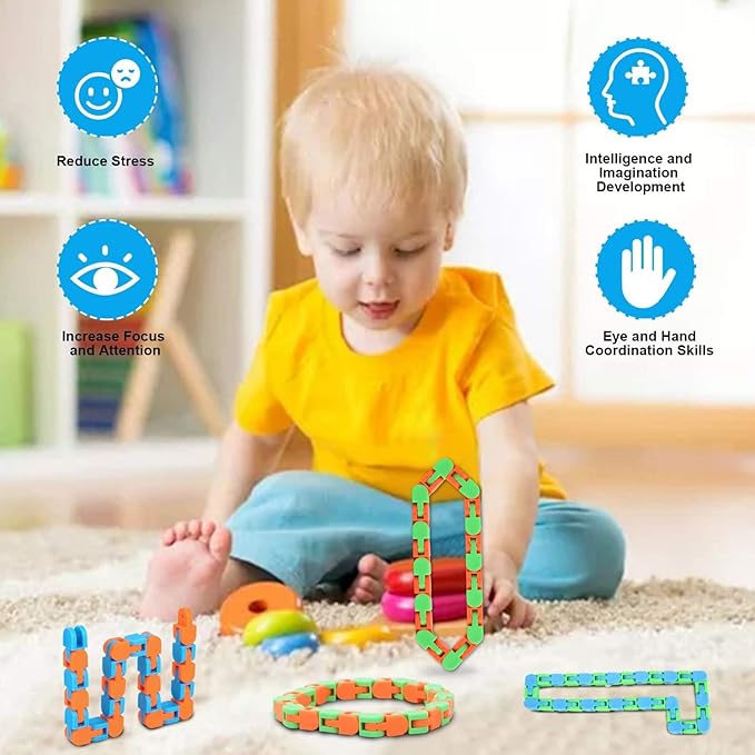 8Pcs 24Links Fidgets Wacky Tracks Fidget Toys for Kids Valentines Day Gifts Classroom Gifts School Easter Stocking Stuffers Plastic Sensory Autism Snap Fidget Click Snake Toys for Adults Travel 11inch