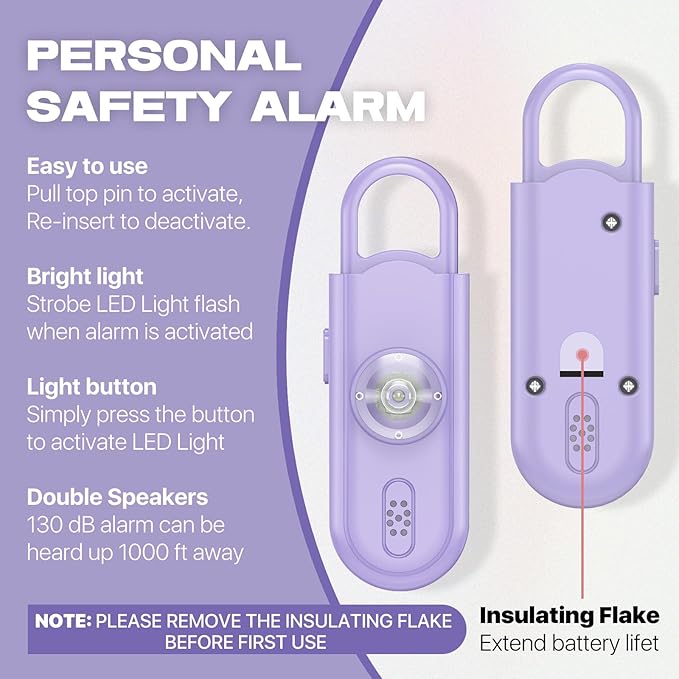Personal Safety Alarm Keychain for Women 2PCS -130 dB Loud Siren with SOS Strobe Light, Flashlight, Double Speakers, Safe Defense Key Chain for Girls Kids Elders Emergency Call