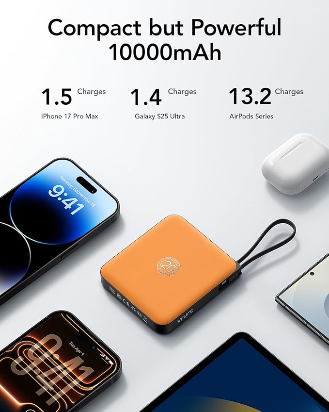 VRURC Portable Charger USB C for iPhone, Cargador Portátil para iPhone 10000mAh, Power Bank with Built-in Cables, 22.5W Fast Charging, LED Display, Slim for iPhone 17 Pro Max & Series (Orange)