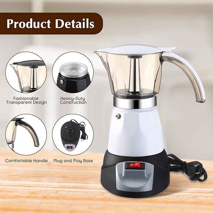 Electric Espresso Maker Transparent Coffee Maker Electric Moka Pot Portable Aluminum Espresso Machine Italian Moka Pot with Detachable Base, Coffee Gift for Women Men Home Travel (White,6 Cup)