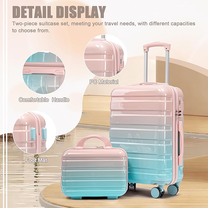 20 Inch Carry on Luggage with 14 Inch Cosmetic Case, 2 Pcs Hardshell Lightweight Durable Spinner Suitcase Set for Travel, Women, Men, TSA Lock, ABS, 20+14 Inch, Blue Pink