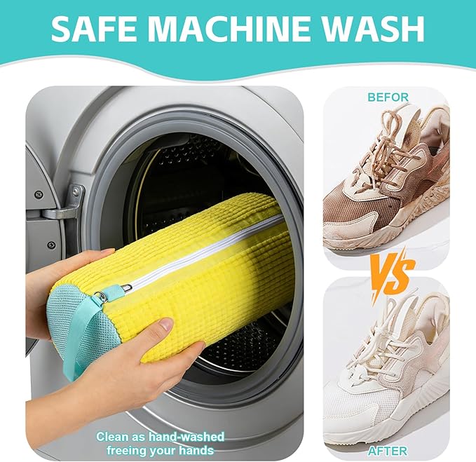 Shoe Washing Machine Bag Reusable Sneaker Washing Bag with Built-in Fluffy Brushes for 360° All-Around Cleaning, Laundry Shoe Bag is Designed for Washer and Dryer （Yellow 2pcs）
