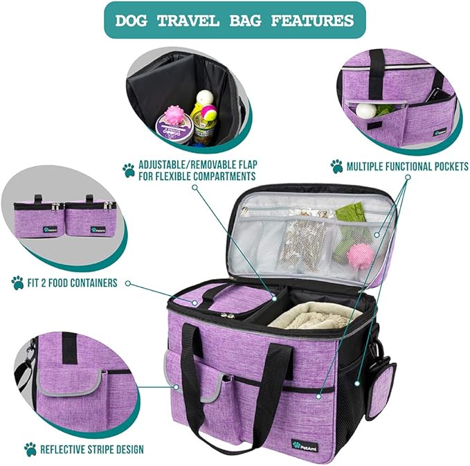 PetAmi Dog Travel Bag, Travel Pet Bag Organizer, Dog Food Travel Bag with Container Collapsible Bowls, Pet Travel Supplies Gift Accessories for Weekend Camping, Puppy Cat Diaper Bag, Purple Medium