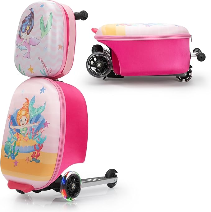 VLIVE Kids 2-in-1 Ride-On Suitcase & Backpack Set, 30L Suitcase + 10L Backpack, Durable EVA, Lightweight Foldable Wheels, Mermaid Design for Girls Ages 4-8