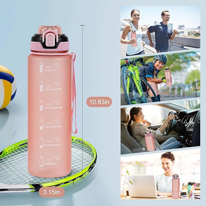Water Bottle with Straw 1L,Boys Water Bottles with Straw 1 Litre,Waterbottle Leak-Proof Sports Water Bottle,Plastic Drinks Bottles Toxin Free，Bpa-Free (Pink2)