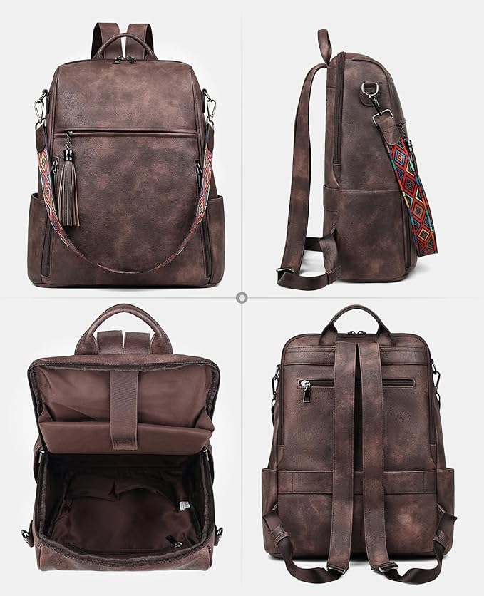 FADEON Leather Laptop Backpack for Women Designer 15.6 inch PU Laptop Bag, Ladies Travel Computer Work Backpack Coffee Brown