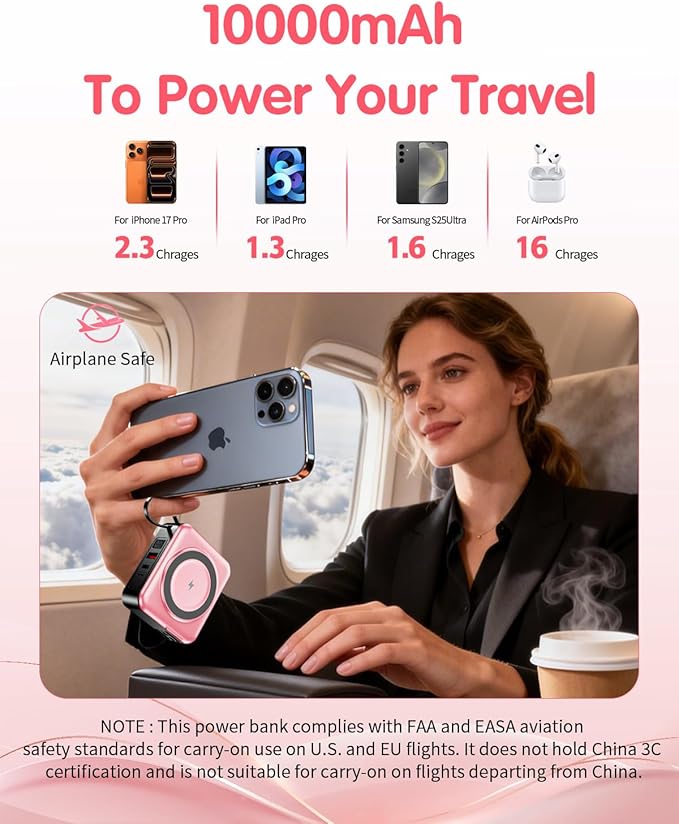 6-in-1 for Magsafe Portable Charger with Built-in Cables & Wall Plug,10000mAh Magnetic Wireless Power Bank,22.5W Fast Charging USB C Battery Pack,Travel Essentials for iPhone 17/16/15/14/13/12,Pink