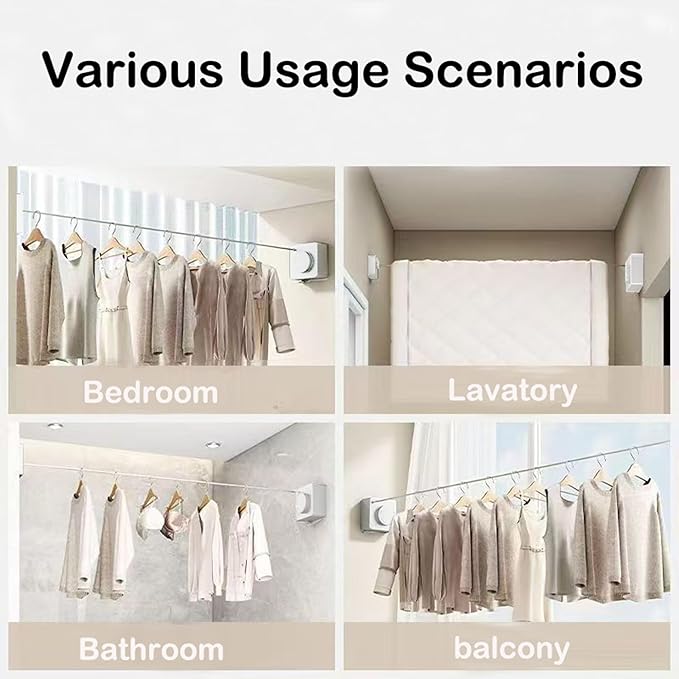 Retractable Clothesline Indoor,Bathroom Clothesline Retracting Heavy Duty Clothes Drying Laundry Line Travel Clothesline for Hotel Room Wall Mounted Stainless Steel Line-13.8 Feets,White