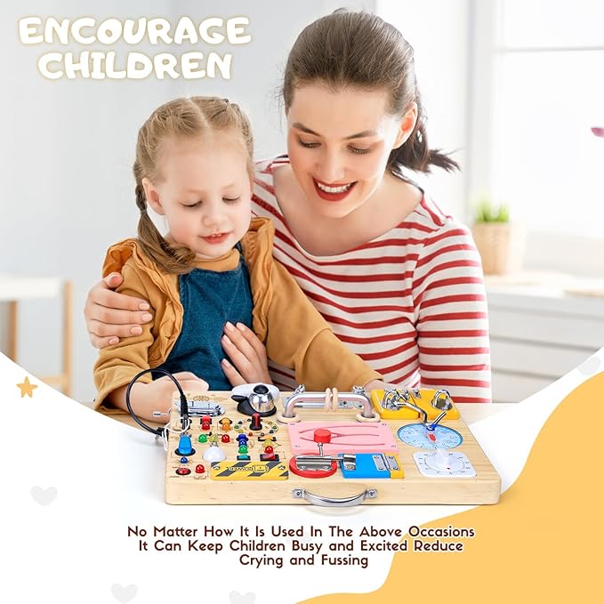 Busy Board with 13 LED Light Switches and 12 Activity, Montessori Toys for Toddlers, Wooden Toy Sensory Activity Board, Travel Toys for 1+ Year Old Boy & Girl Birthday Gift (25 in 1 Busy Board)