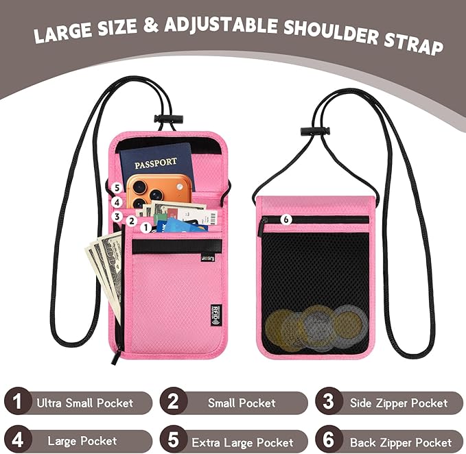 Likesing 5.5" L x 7.9" W Travel Neck Wallet, RFID Blocking Passport Holder for Travel Women Men, Security Lightweight Travel Wallet, Neck Passport Pouch Gifts for Traveling(Pink)