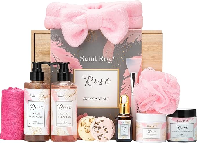 Mothers Day Gifts for Women, Spa Gifts for Women, Self Care Kit ROSE Bath and Body Gifts Set for Woman, Scrub Body Wash, Clay Mask, Essential Oil, Birthday Gift Skin Care Set, Christmas Gift