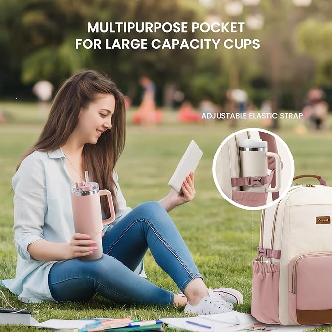 LOVEVOOK Laptop Backpack for Women with Pouch Pocket for Large Capacity Cup,15.6 Inch Teacher Nurse College Work Backpack Purse,Waterproof Laptop Bag Computer Back Pack for Travel, Beige-Pink-Brown