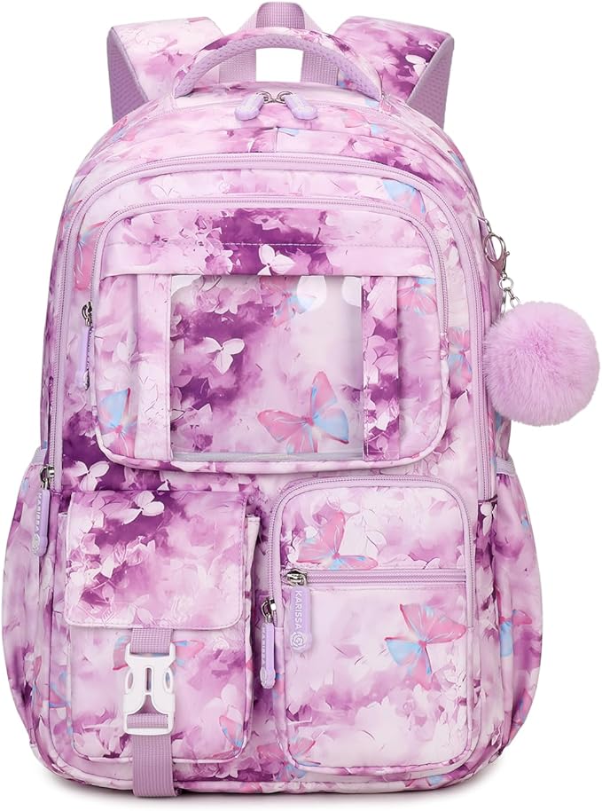 PIG PIG GIRL Kids Backpack for Girls School Bags for Middle School Students Book Bag for Elementary Primary Kawaii Ita Backpack, Purple Butterfly