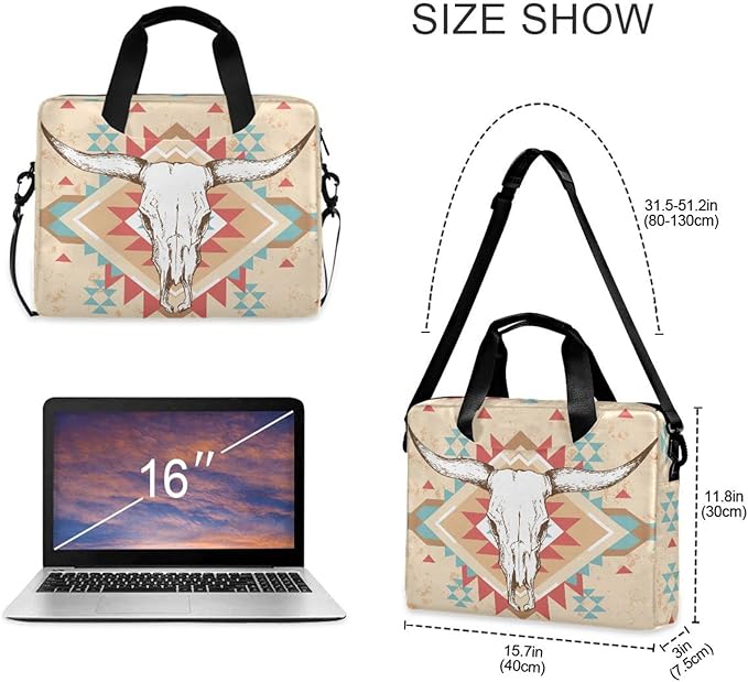 Laptop Bag 15.6 inch, Waterproof Laptop Case with Strap, Protective Laptop Carrying Case for Women&Men, Western Cow Skull