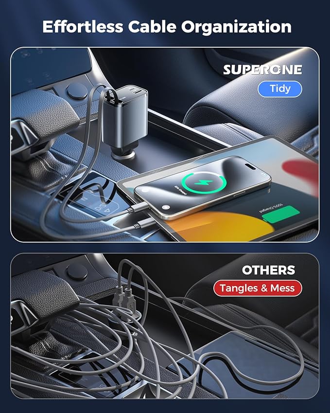 [Upgraded] 4 in 1 Retractable Car Charger, SUPERONE Smaller Fast Car Phone Charger 69W with Cord, USB C and iPhone Car Charger Adapter, Compatible iPhone 17/17 Pro Max/16/15/14/13/12/11, Sumsung
