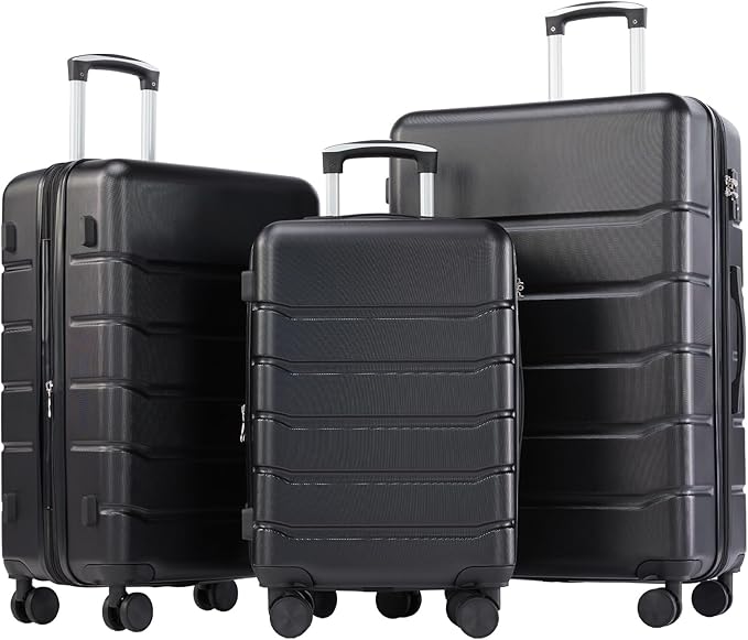 OLIXIS 3-Piece Luggage Set, Carry On Suitcases with Spinner Wheels, Expandable Travel Luggage with TSA Approved Lock & ABS Hard Shell, Black, 20/24/28 Inch