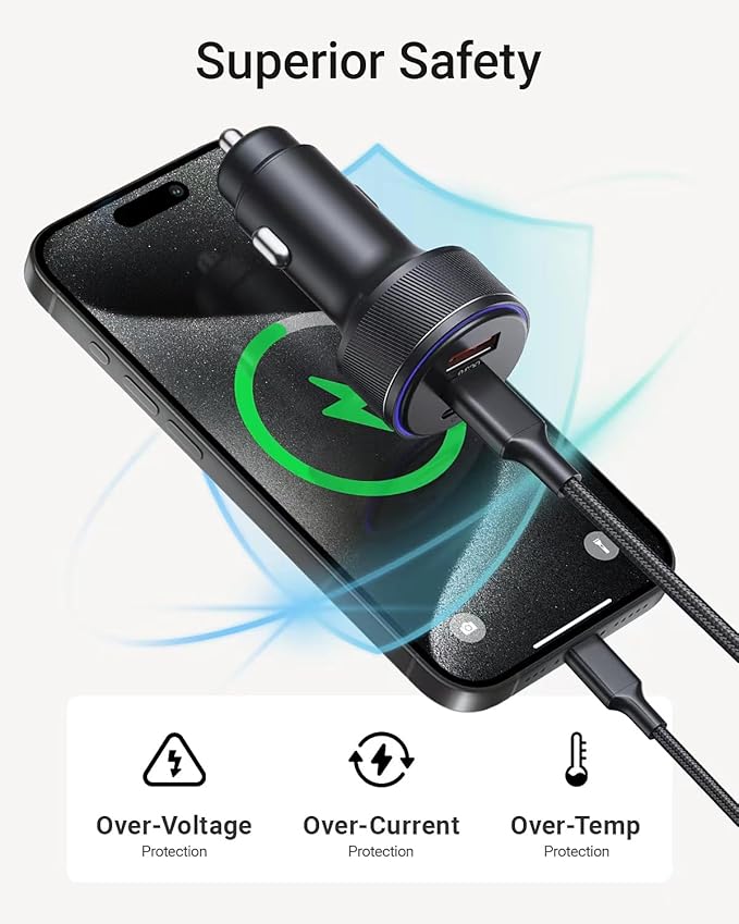 USB-C Car Charger, 3-Port 90W Fast Car Charger, Dual USB-C & USB-A Car Power Adapter, PD3.0 & QC3.0 Fast Charging for iPhone 17/16/15/14/13Pro Max, iPad, MacBook and More