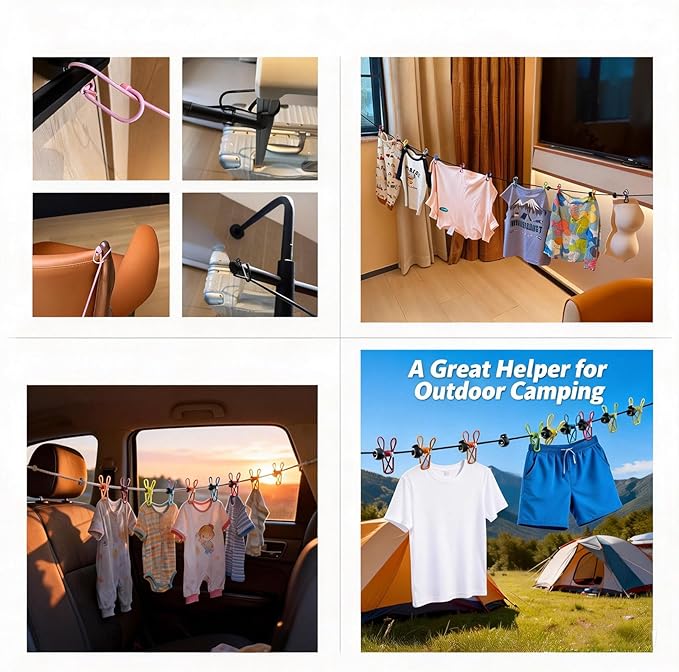Retractable Portable Clothesline with 12 Clips, Elastic Windproof Laundry Line Rope, Indoor Outdoor Clothes Drying Rack for Camping RV Camper Travel Vacation Essentials