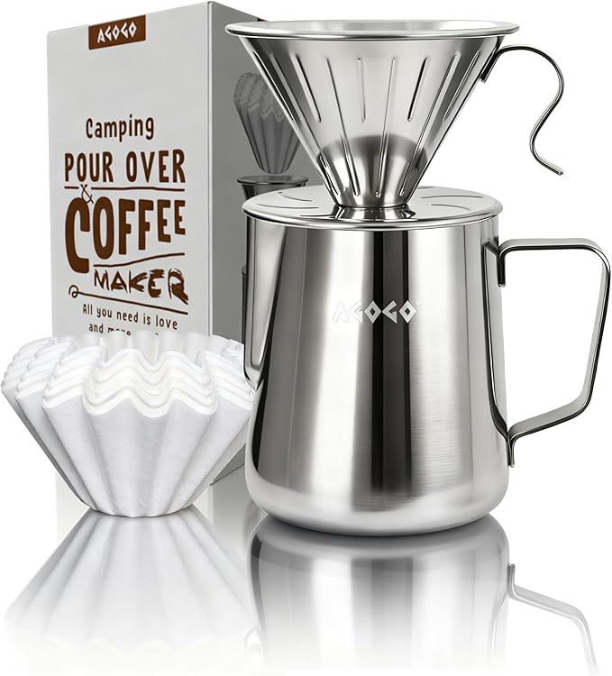 AGOGO Pour Over Coffee Maker Set - Unbreakable 304 Stainless Steel V60 Dripper & Server for Camping & Party, Includes 50 Paper Filters & Barista Towel - Silver - 30oz