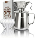 AGOGO Pour Over Coffee Maker Set - Unbreakable 304 Stainless Steel V60 Dripper & Server for Camping & Party, Includes 50 Paper Filters & Barista Towel - Silver - 30oz