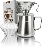 AGOGO Pour Over Coffee Maker Set - Unbreakable 304 Stainless Steel V60 Dripper & Server for Camping & Party, Includes 50 Paper Filters & Barista Towel - Silver - 30oz
