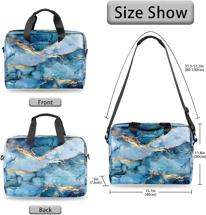 Laptop Bag Teal Blue Liquid Golden Marble Laptop Case Sleeve Messenger Bags with Shoulder Strap Briefcase for Laptop 13 14 14.5 15.6 16 in