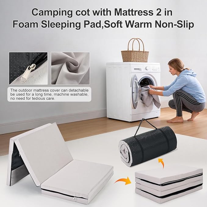 ABORON Camping Cot with 2in Memory Foam Mattress, 900LBS Heavy Duty Sleeping Cot for Adults, Extra Wide Sleeping Cot, 1200D Double Layer Oxford Cot for Camping, Guest, Office Nap